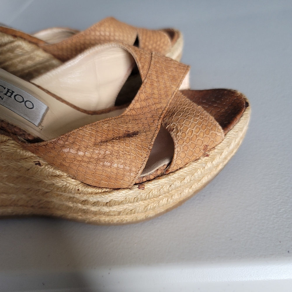 Jimmy Choo Tan Leather Wedge Slides Sandals Size 39 Made in Italy - Picture 10 of 12